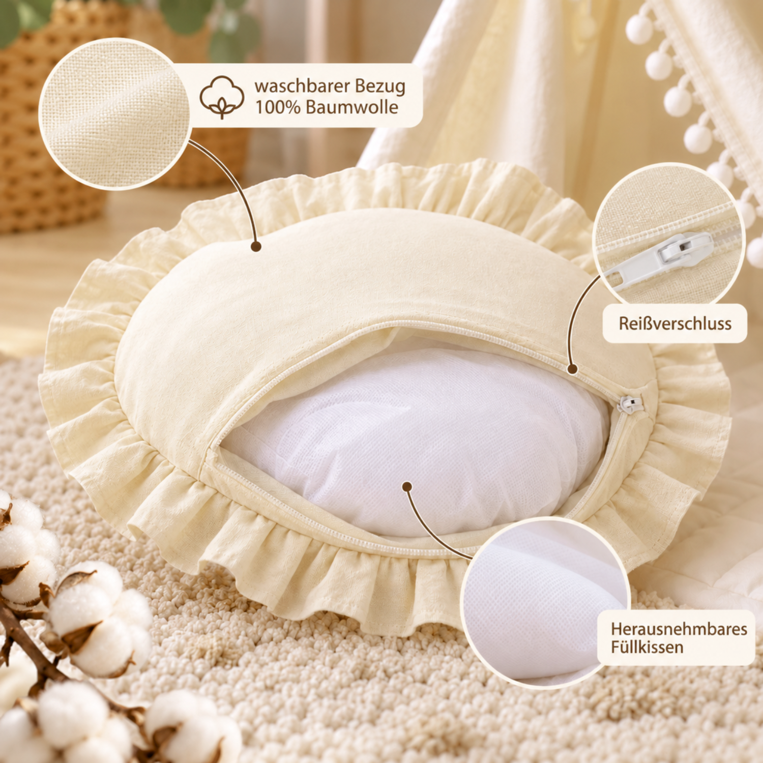 Lionherz Cuscino Leone Rotondo Crema 35 cm Cotone