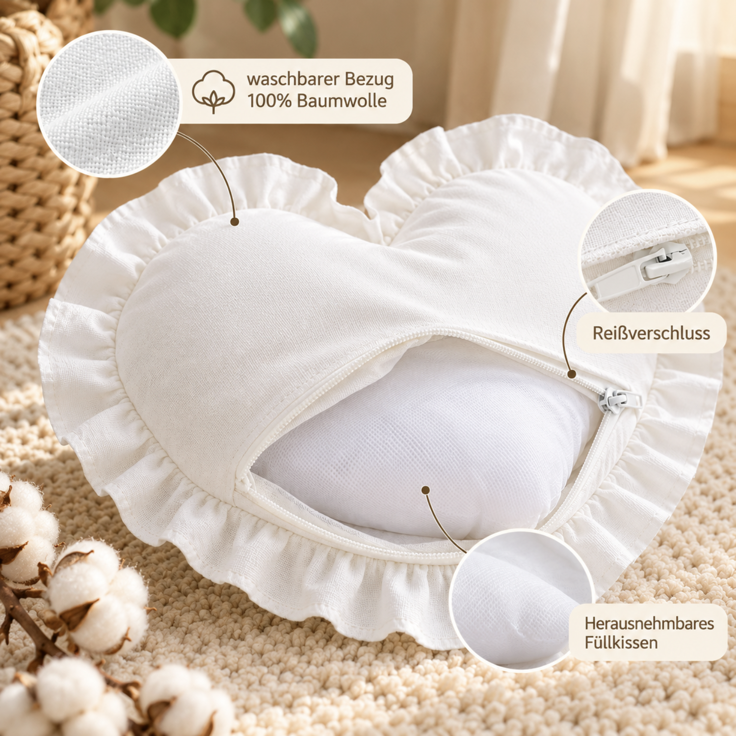 Lionherz Herzkissen Cuscino Cuore Bianco 35 cm Cotone