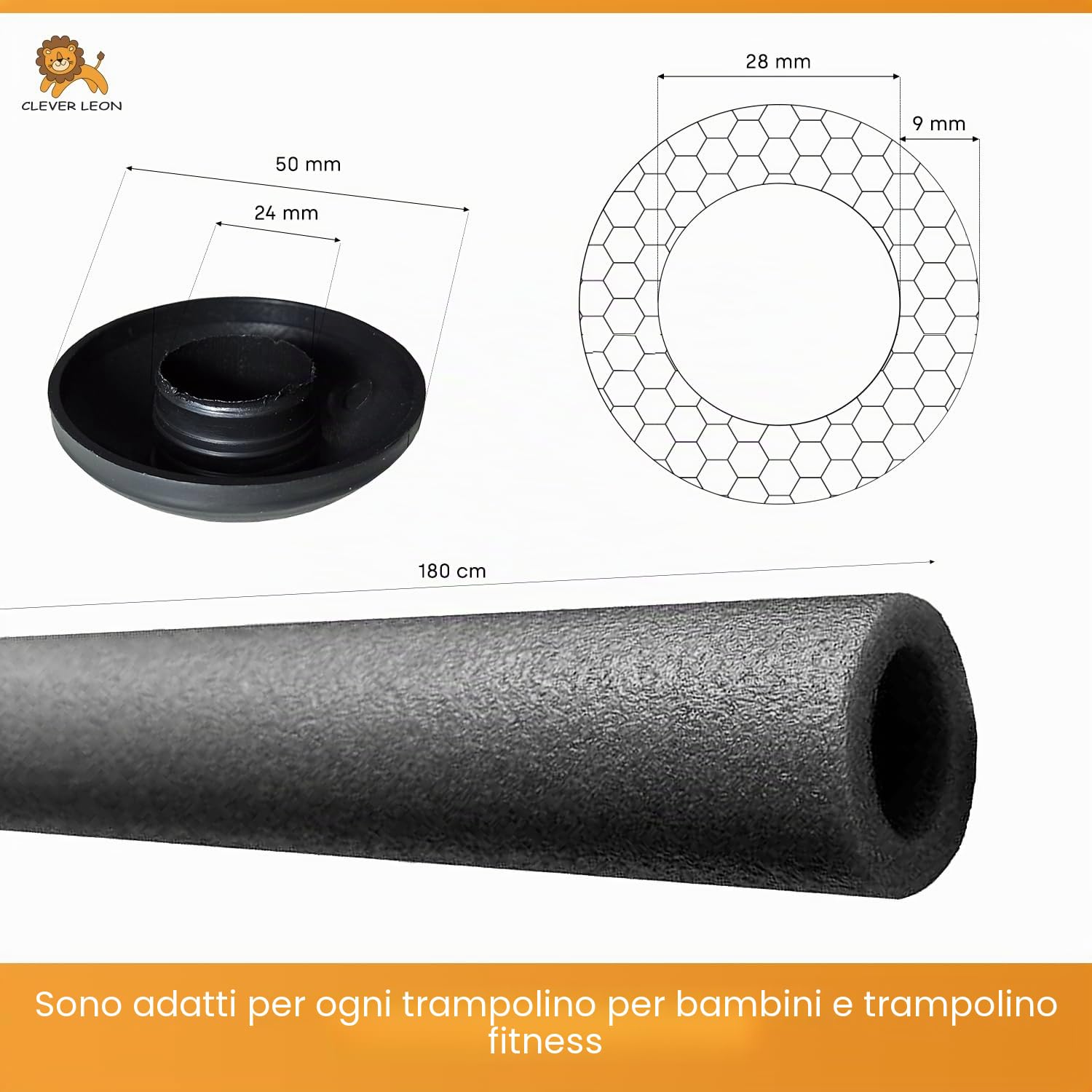 Clever Leon Tubi Schiuma Trampolino 180 cm Grigio con Tappi 6 Pezzi