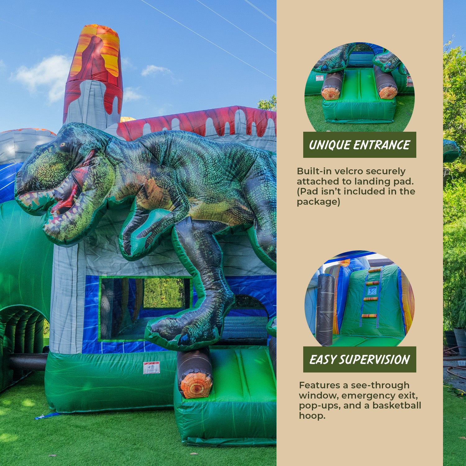 XJUMP Combos T-Rex Gonfiabile con Scivolo e Piscina