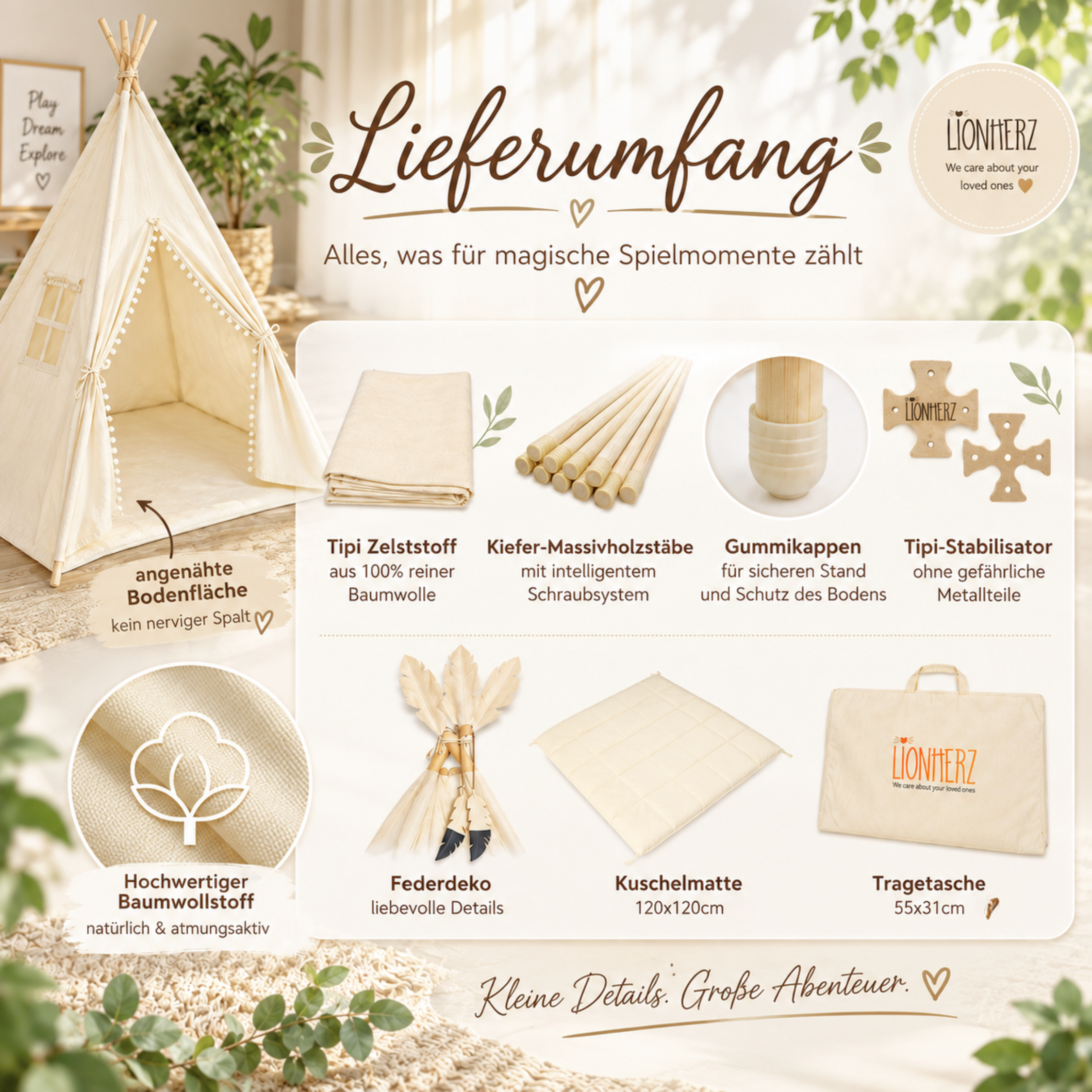 Lionherz Tipi tenda bambini cotone set base crema