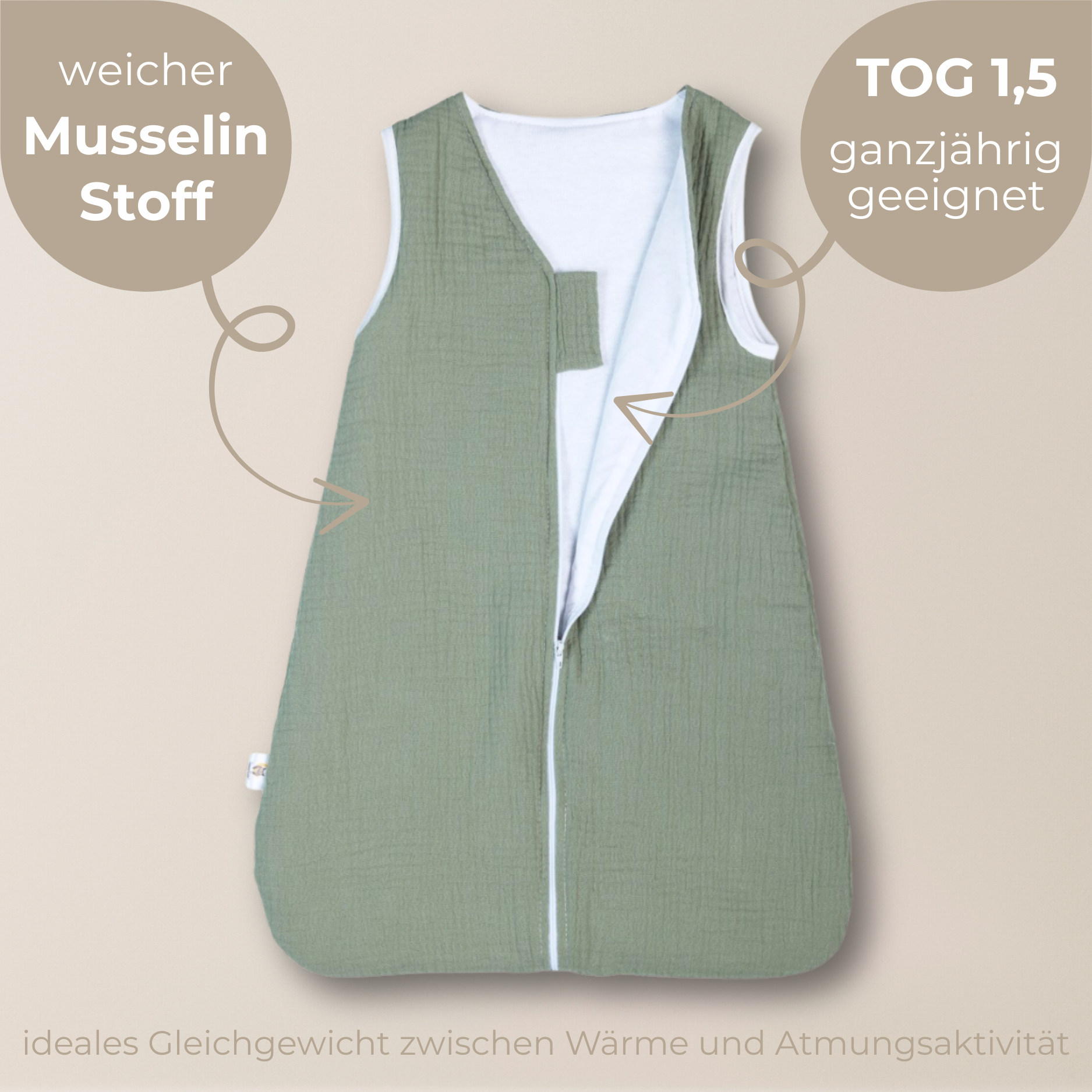 Lionherz YappySnug sacco nanna neonato mussola salvia 1.5 TOG 0-6 mesi