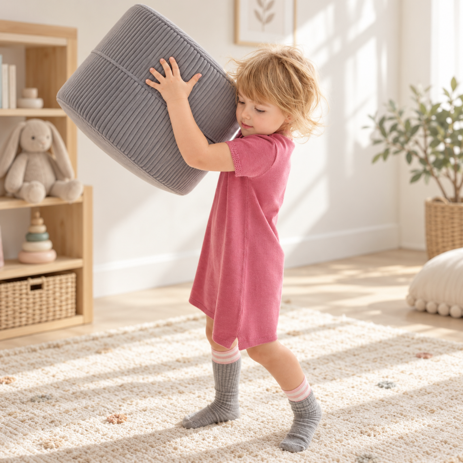 Lionherz Cozy Round pouf bambini 40x30 platino in corda lavabile