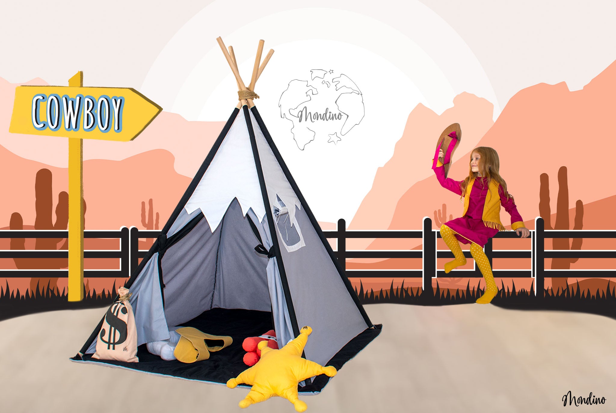 Mondino Cowboy teepee bambini grigio Large 120x120x160
