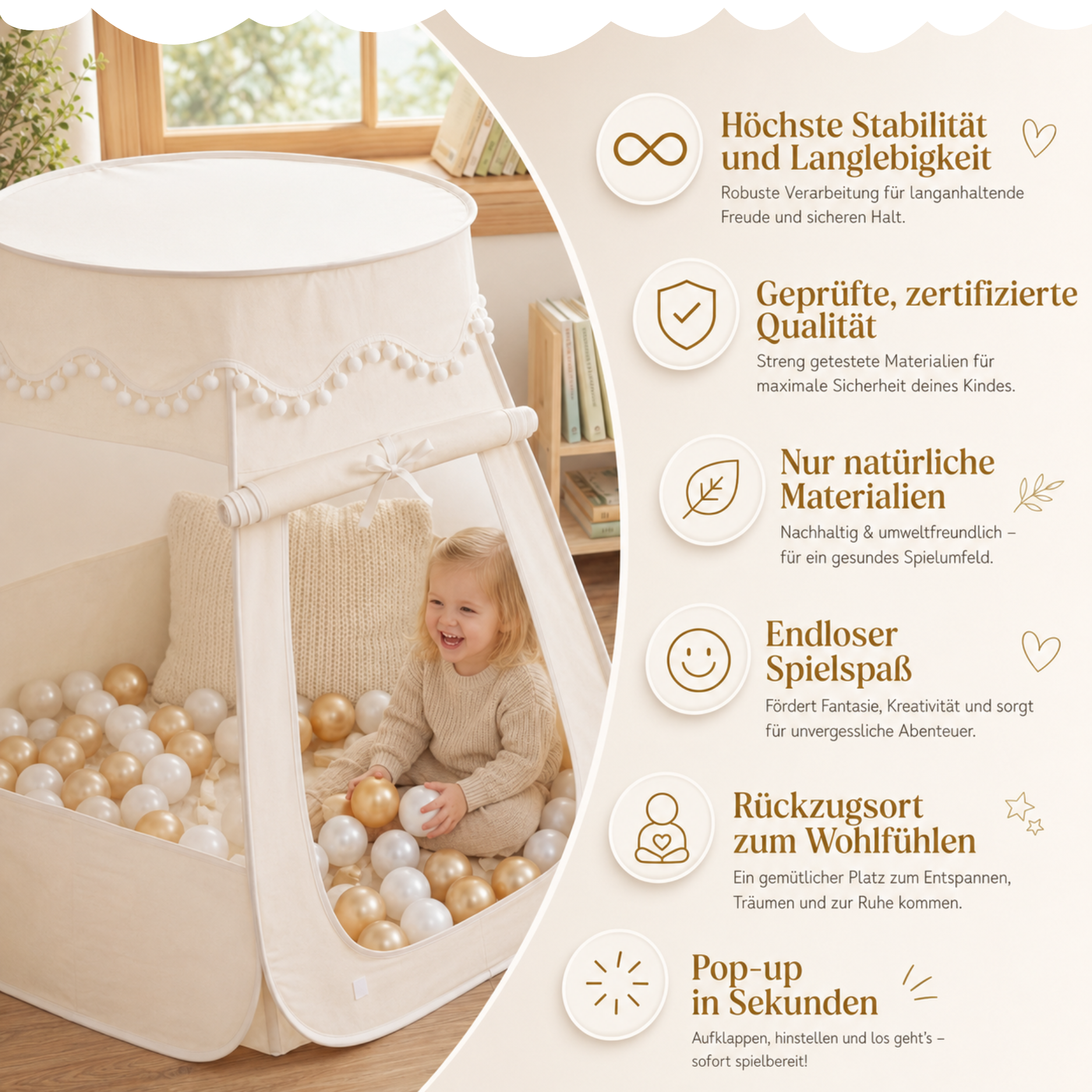 LIONHERZ Tenda Pop-Up Cotone Canapa Crema Finestre Mesh